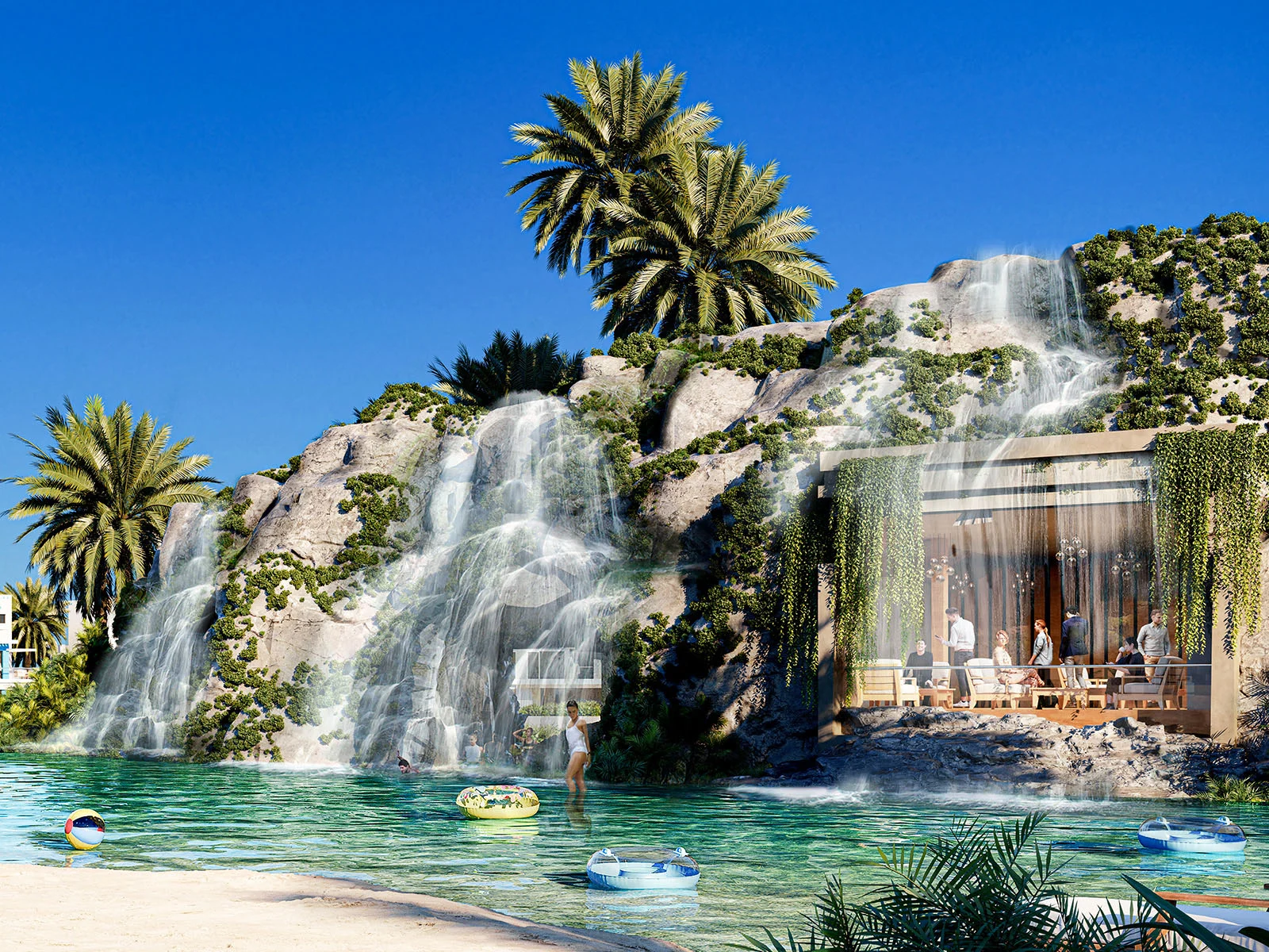 DAMAC Lagoons waterfall feature in the master community